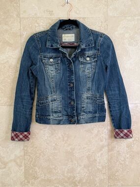 Aeropostale Blue Denim Trucker Jacket Plaid Lining Size S/P